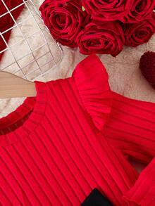 少女情人节蝴蝶结装饰长袖圆领连衣裙 - 紅色 - 查看 5