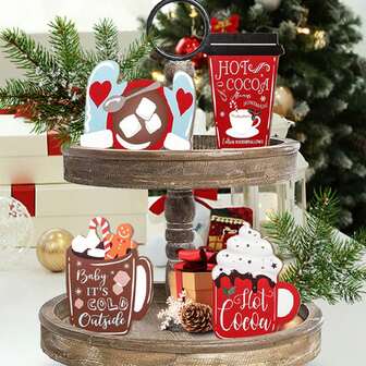 4 piezas Decoraciones de bandeja de madera de varios niveles para Navidad, invierno, barra de chocolate caliente, bebidas calientes. Decoraciones de bandeja de madera de varios niveles para escritorio, adornos adecuados para decoraciones de escritorio navideñas, decoración del hogar (bandeja no incluida)