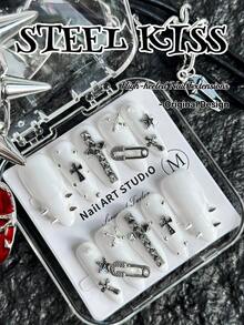 Bộ 10 miếng dán móng tay phong cách Punk thủ công, móng giả vuông cỡ trung bình, móng giả màu trắng kiểu Pháp với họa tiết chữ thập, kẹp giấy, đinh tán và màu trắng trong suốt, bộ dụng cụ làm móng nghệ thuật kim loại phong cách Cyberpunk, phù hợp cho sử dụng hàng ngày và các dịp đặc biệt, dụng cụ dán móng thủ công. - Nhiều màu - Xem 17