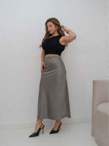 YING ZI Elegant Mode Midi Social Skirt - Abu-abu Gelap - View 1