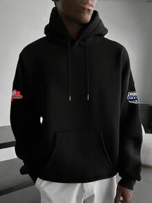 Men's Hoodie With Racing Culture Graphic Print, Thermal Lined Pocket, Autumn/Winter - Black - View 5