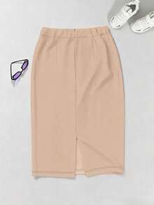 Elegant Solid Color High Waist Pencil Skirt, Suitable For Work - Khaki - View 4