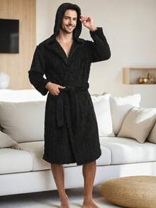 Men's Winter Long Sleeve Jacquard Robe, Thick Fleece Bathrobe, Soft Double Pocket Warm Long Sleeve Robe, Polyester Fabric, Retro Style, Suitable For Home Wear, Autumn/Winter - Multicolor - View 7