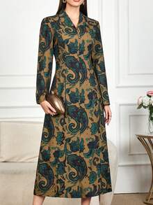 Elegant Paisley Print Long Arabian Dress For Women, Featuring Collar, Long Regular Sleeves, And Mock Buttons, Perfect For Fall Spring - Green - View 3