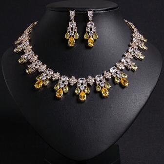 Set de 3 piezas, con opciones de multicolor, conjunto de joyas para mujer, collar con borla y pendientes con circonita cúbica incrustada, adecuado para mujer/novia/dama de honor/boda/fiesta, conjunto de joyas de moda, regalo para Halloween