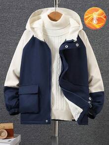 Boys' Casual Colorblock Hooded Jacket, Fashionable Workwear Outerwear, Autumn/Winter