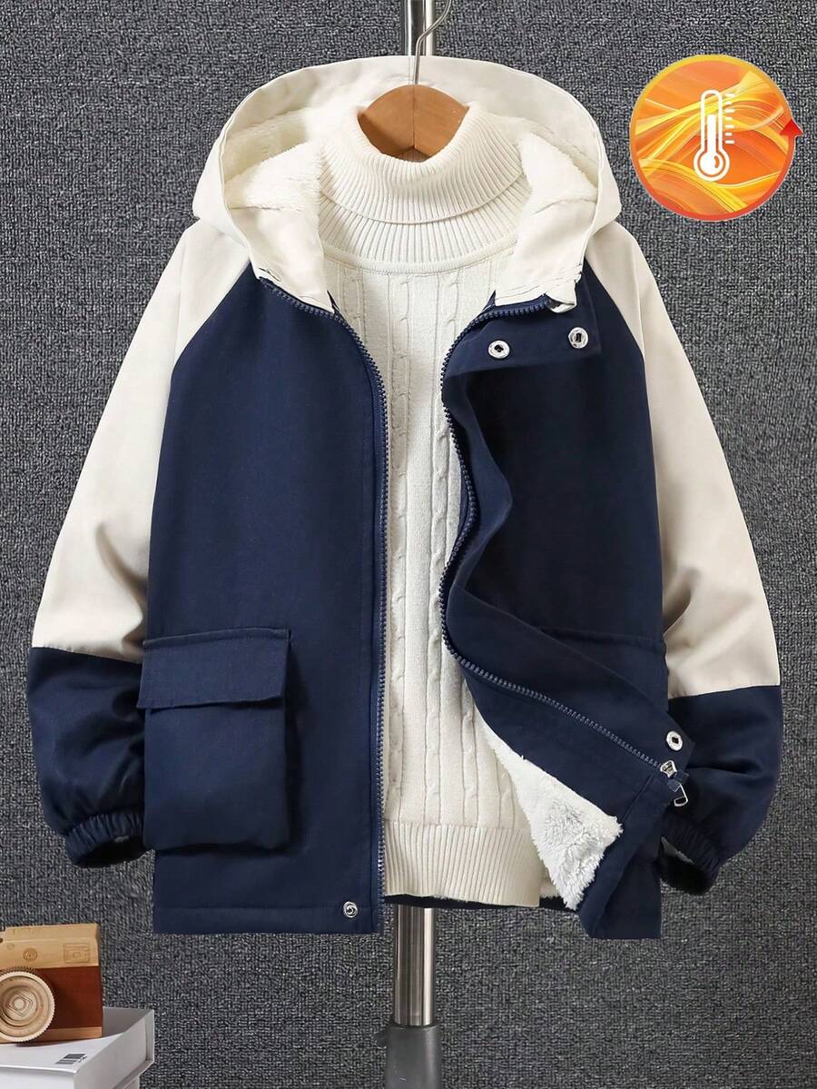 Boys' Casual Colorblock Hooded Jacket, Fashionable Workwear Outerwear, Autumn/Winter
