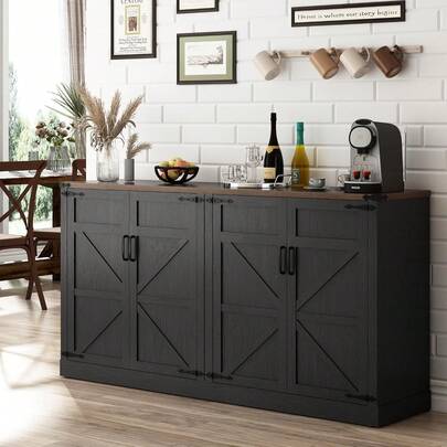 Sideboard Buffet Cabinet With Storage - 65 Inch Farmhouse Kitchen Pantries Sideboard Cabinets With Adjustable Shelves, Wooden Coffee Bar Cabinet Buffet Table For Kitchen, Dining Room, Black,23029473
