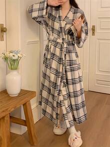 日式睡衣女童春秋新款长袖简约休闲睡衣长款和服ins风家居服