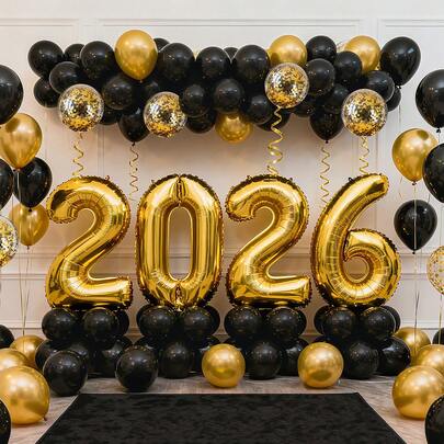 2026 Happy New Year Black & Gold Balloon Party Decor, Photo Backdrop Props