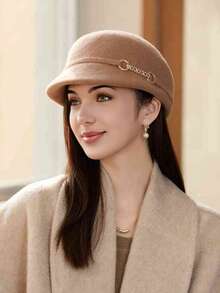 1 件女士纯色秋冬金属心形装饰毡贝雷帽、云朵贝雷帽、艺术家贝雷帽、报童帽、休闲优雅街头时尚百搭渔夫帽，适合秋季户外、聚会、骑行、旅行、派对、日常使用