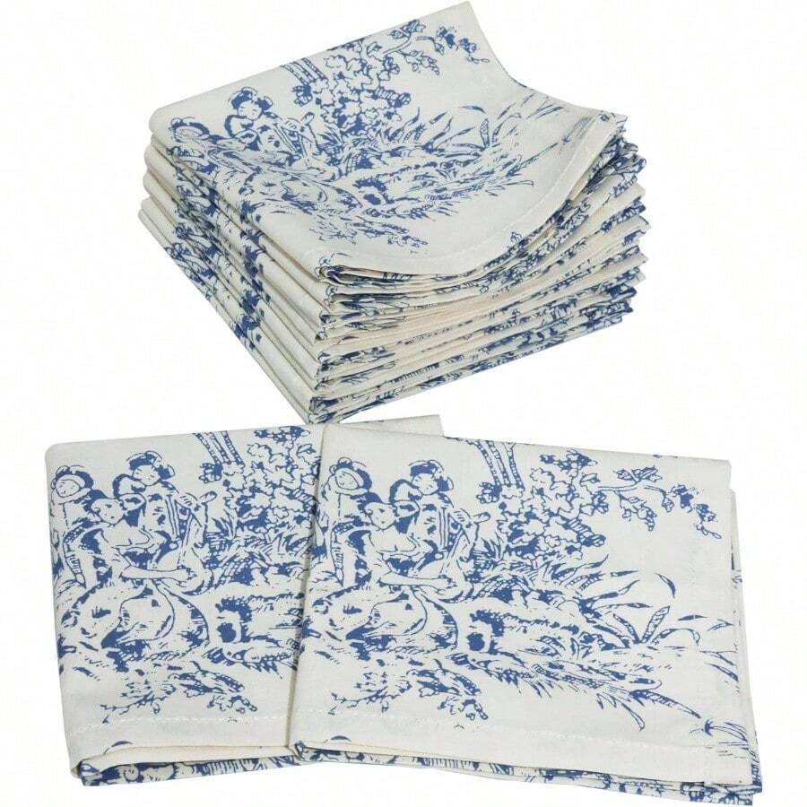 Cloth Napkins - Set Of 12 - Reusable Napkin - Country French Toile Dinner Napkin - Everyday Spring Summer Fall Holiday Party - Soft Absorbent Napkin - 18x18 - Blue - 10" x 10" (Bộ 12 cái) + Xanh lam - Xem 1