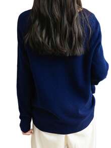 Women's 100% Merino Wool V-Neck Long Sleeve Knit Sweater, Warm And Soft Pullover Top For Autumn/Winter - Navy Blue - View 3