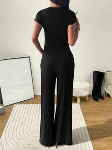 Vaiaye Women's 2-Piece Casual Elegant Solid Color Asymmetrical Hem Shaping Top, Suitable For Valentine's Day And Carnival, Paired With Solid Color Straight Pants, Suitable For Daily Wear, Holiday And Beach Vacation. - Black - View 3