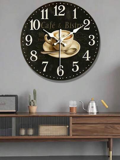 1948 Cafe & Bistro Vintage Wooden Wall Clock - Silent Non-Ticking Round Retro Decor With Coffee Cup & Saucer Design, AA Battery Operated (Not Included) For Home, Kitchen, Office, Gift, Kitchen Decoration, Nostalgic Wall Art, Durable Numeral Design, Home Decoration, Classic Craftsmanship, Home Decorators