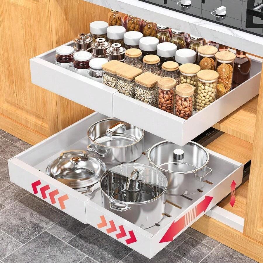 2 Pack 53cm Deep Pull Out Cabinet Organizer Expandable Pull Out Drawers For Cabinets Adhesive With Film Upgrade 3 Slide Rails Slide Out Drawers Width 32cm To 52cm White