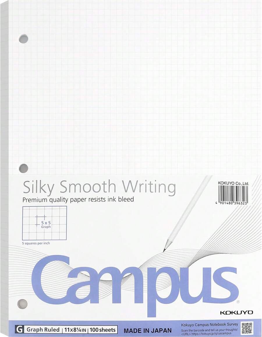 KOKUYO 5x5 Graph Paper, Loose Leaf Paper 8.25&#34;X11&#34;, 100 Sheets, Smooth Writing Surface, Bleed Resistant Filler Paper For Math, Engineering, Art Projects. Japan Import (WSG-NO-887G2)