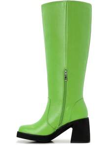 Wide Calf Plus Size Women's 70s Gogo Tall Knee High Square Toe Chunky Heel Retro Fashion Vintage Boots - 青檸綠 - 查看 2