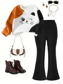 Bộ 2 áo nỉ cổ tròn tay dài in hình mèo hoạt hình dễ thương + quần ống loe có gân, dành cho bé gái mùa thu - Nhiều màu - Xem 1