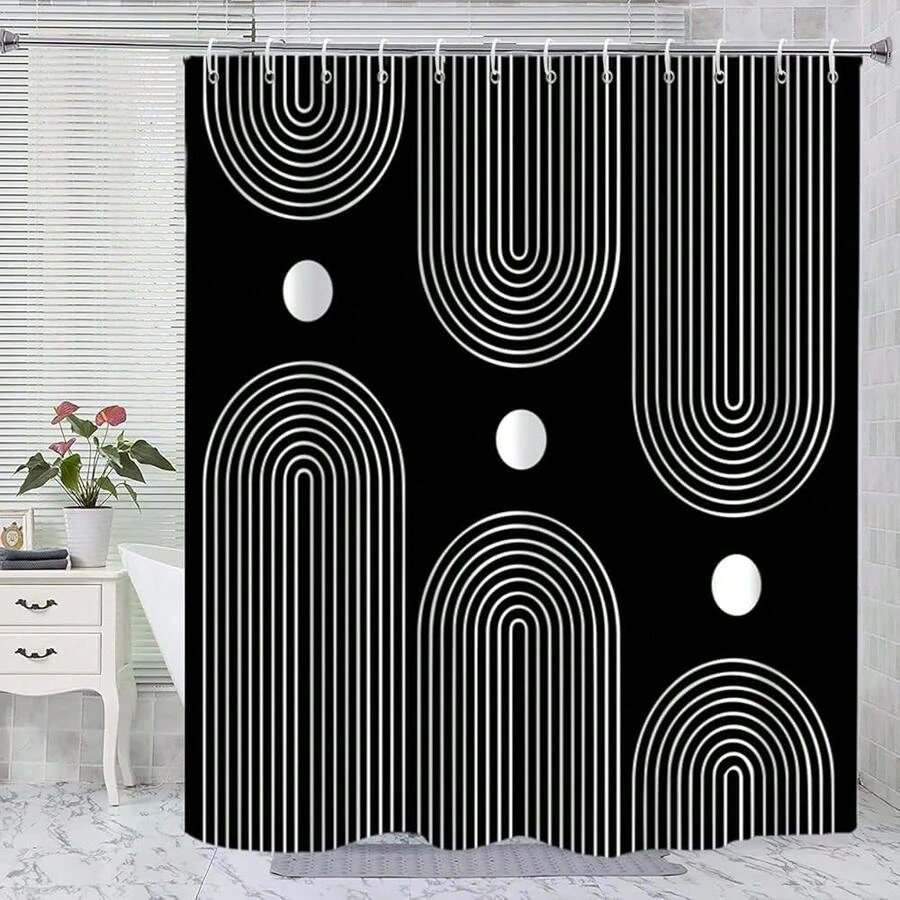 Black And White Shower Curtain, Boho Minimalist Mid Century Modern Arch Geometric Machine Washable Waterproof Fabric For Bathroom Bathtub Decor With Hooks 72x72{"Color_name":"BlackandWhiteBoho","Size_name":"72\"Wx72\"L(Packof1)"} - 多色29 - 查看 1