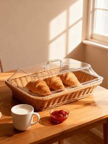 13.8*9.8 Inch Woven Bread Basket With Lid, Farmhouse Style Rattan Storage Bin For Fruits, Vegetables & Rolls, Kitchen Counter & Dining Table Organizer, Rectangular Serving Basket For Party Valentine's Day Home Gifts - Brown - View 5