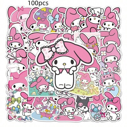 Sanrio 100 pièces Autocollants mignons de dessins animés Sanrio chat, Kuromi, Pompompurin, My Melody pour le scrapbooking, les cahiers DIY, les bagages, les guitares. Convient comme petits cadeaux pour les petites filles, cadeaux de vacances, cadeaux de Noël