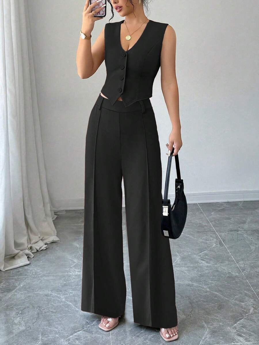 2pcs Women's Business Slim Fit Sleeveless Vest And Straight Leg Pants Set, Suitable For Daily Commute And Office Wear