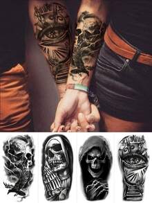 4张黑色男士临时纹身贴纸，适合派对、旅行和音乐节，防水防汗，一次性纹身贴纸，适用于男士手臂。