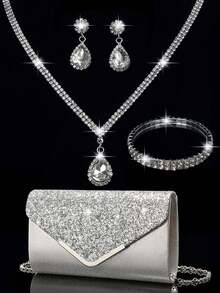 Women's Rhinestone Jewelry Sparkling Luxury Rhinestone Jewelry Set Sparkling Necklace Earrings Bracelet Set Silver Sparkling Glitter V-Shaped Metal Flip Envelope Bag Fashion Banquet Bag Handbag Wallet Handbag Elegant Handbag Banquet Bag Handbag Women's Ball Handbag Women's Bridal Banquet Bag Ball Handbag Metal Chain Handbag Wedding Party Handbag Cocktail Party Wedding New Wallet Banquet Bag