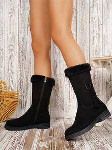 Botas de media pantorrilla con forro térmico para mujer, tallas 35-42, unicolor, parte superior de tela con ribete de piel, negro, suela gruesa y cálida, adecuadas para oficina, exterior, invierno, pantuflas de interior cálidas - Botas negras de media pantorrilla - Ver 7