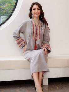 Elegant Embroidered 2025 Autumn/Winter Arabic Women's Dress, JALABIA Fringe Long Sleeve V-Neck Traditional Luxury Embroidered Design Kaftan Robe