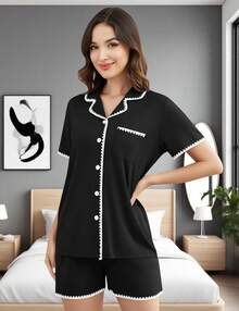 Womens Button Down Pajamas Set Short Sleeve Lounge Sets Bride Soft Sleepwear Casual 2 Piece Pjs With Pocket S-XXLhalloween - Blue Monkey - View 8