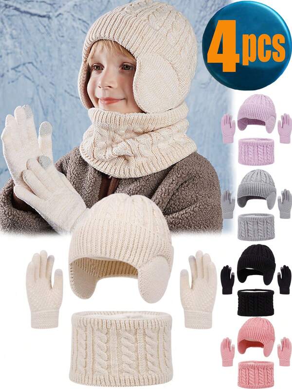 4pcs Autumn/Winter New Kids Earflap Hat, Scarf And Gloves3 Pieces Set, Unisex Baby/Toddler Knitted Beanie With Earflaps, Pompom Knit Skull Cap, Neck Warmer Scarf And Gloves Set