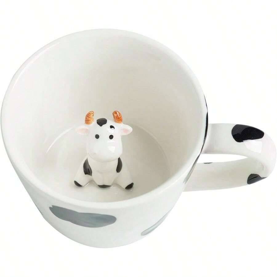 Cow Ceramic Cup Hidden 3D Animal Inside MugCute Cartoon Handmade Figurine Mugs Holiday And Birthday Cup For Coffee Milk Tea Lovers 12 OZ White Black - WhiteBlack - View 1