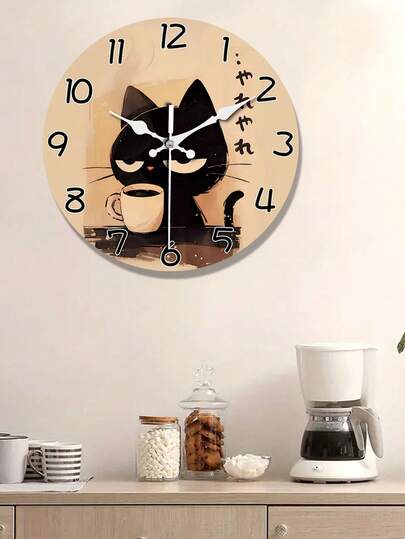 1Pc 10/12Inch Japanese Schattige Zwart Cat Large Wooden Wand Klok Battery Powered, Circular Silent Lazy Clock, ating Aesthetic Rooms, Living Bedrooms, Homes, Kitchens, Coffee Shops, Ideal Holiday (No Battery)