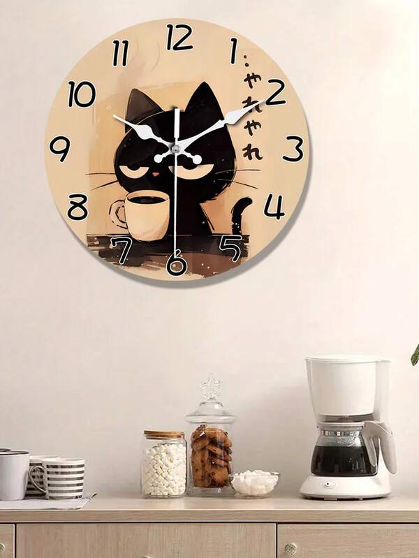 1Pc 10/12Inch Japanese Style Cute Black Cat Large Wooden Wall Clock - Battery Powered, Circular Silent Lazy Clock, Suitable For Decorating Aesthetic Rooms, Living Rooms, Bedrooms, Homes, Kitchens, Coffee Shops, Ideal Holiday Gift (No Battery)