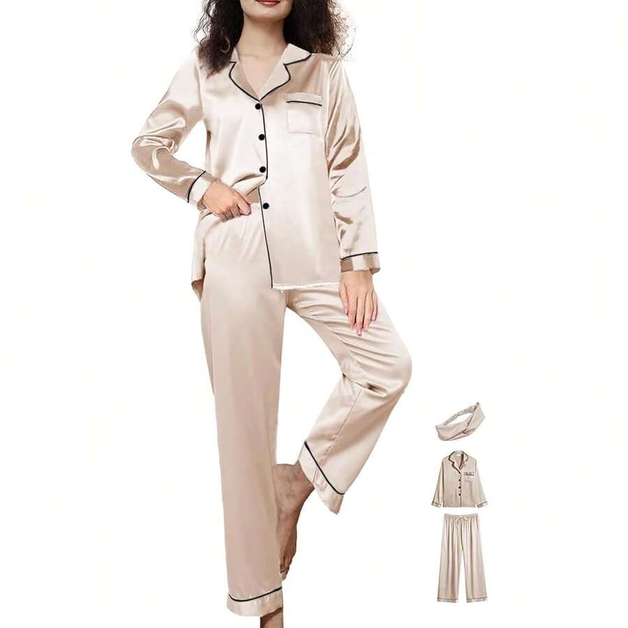Womens 3Pcs Satin Pajamas Set Silk Pajama Sets XS-3XL Long Silky Pj Sets Nightwear Pjs Set Sleepwear Loungewear{"Color_name":"PaleChampagne","Size_name":"3X-Large"} - 多色25 - 查看 1