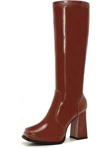 Wide Calf Plus Size Women's 70s Gogo Tall Knee High Square Toe Chunky Heel Retro Fashion Vintage Boots - 布朗專利 - 查看 1