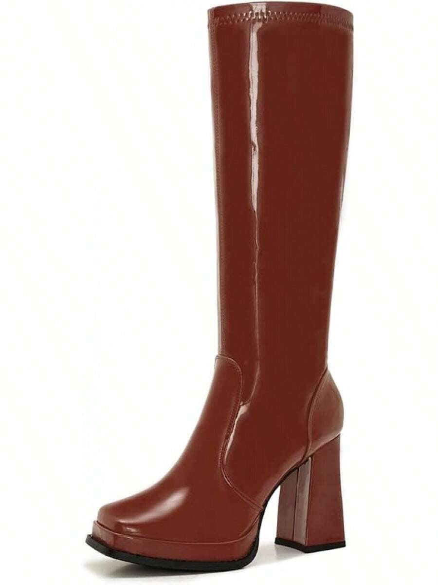Wide Calf Plus Size Women's 70s Gogo Tall Knee High Square Toe Chunky Heel Retro Fashion Vintage Boots - 布朗專利 - 查看 1