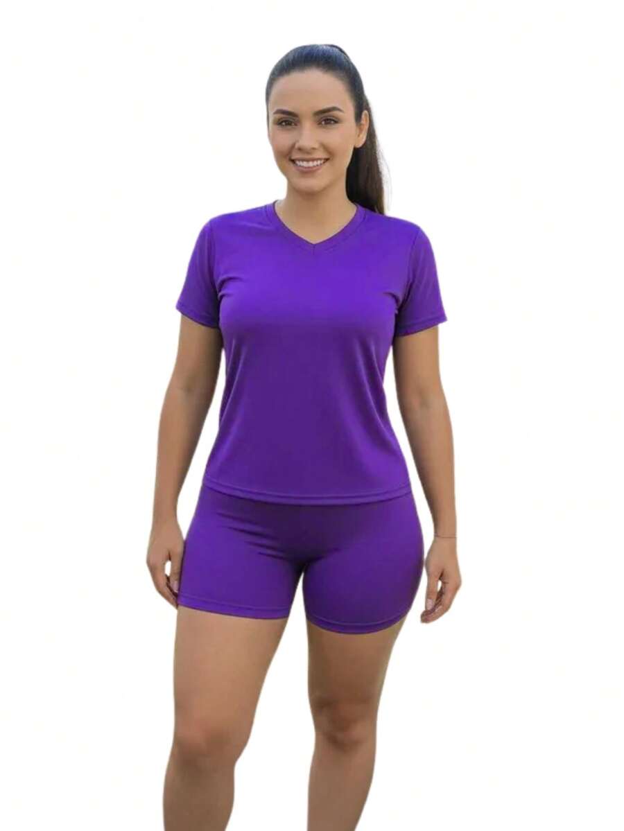 Camiseta Feminina Manga Curta Dryfit Fitness Academia - Roxo - Visão 1