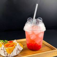 16oz 50 Set Disposable Plastic Cups With Dome Lids And Straws, Iced Coffee Cups With Lids, Round Bottom Plastic Cup Milkshakes Beverages Holiday Party Outdoor Picnic Supplies - 12盎司/50套(熊貓蓋) - 查看 5
