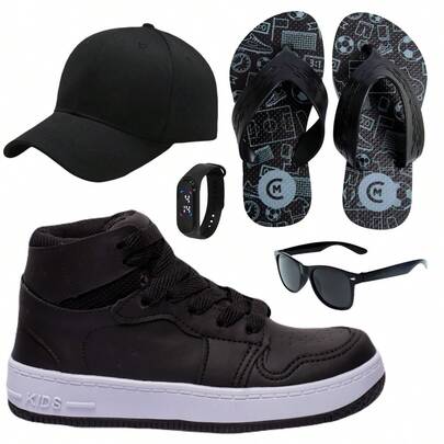 Tênis Infantil Feminino Masculino Botinha Cano Alto Escolar Passeio + Óculos Relógio Chinelo Boné