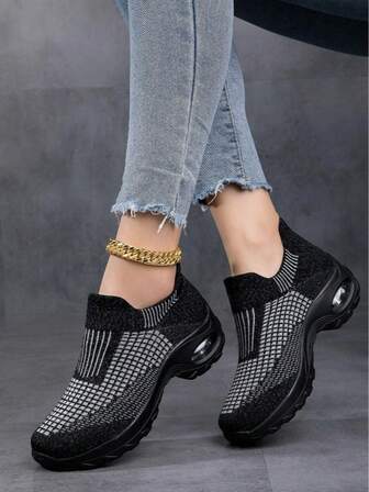 Women's All Black Casual Sneakers, Cushioned Air Sole -On Knit Sock Shoes, Comfortable Dancewear