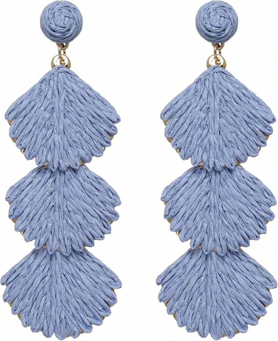 Raffia Dangle Earrings Women - Boho Statement Rattan Drop Jewelry With Design, Lightweight Summer Beach Accessories - Light Blue - View 1