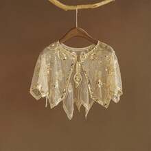 20世纪20年代复古亮片叶子刺绣披肩，复古透明闪亮斗篷披肩，优雅短款女士正式派对礼服披风