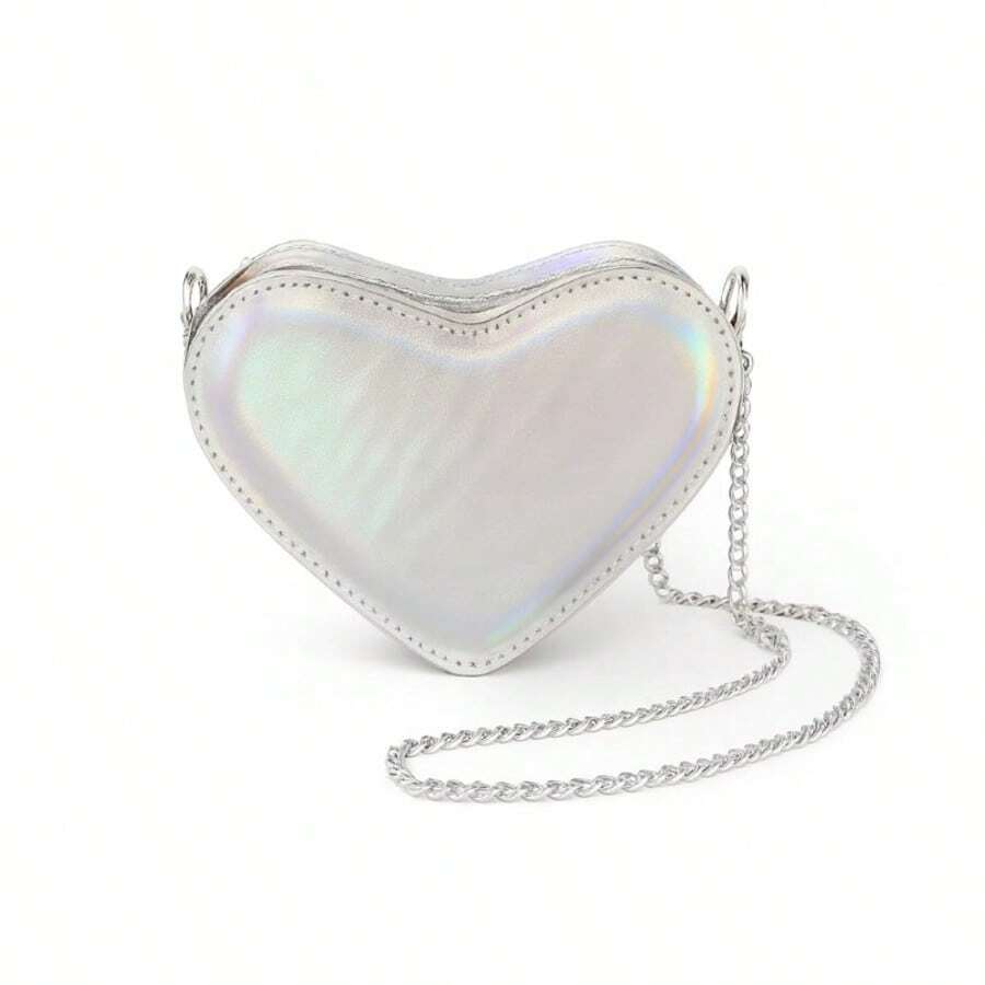 Holographic Heart Shaped Kids Bag, Fashion Modern, Colorful, Light And Fun For Kids - Holographic Silver - View 1