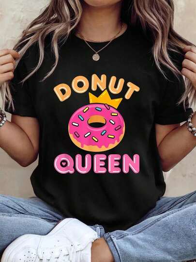 Donut Queen Women Pink Donut Sprinkles Doughnut Donut Lover T-Shirt Print T-Shirt Casual Crew Neck Short Sleeve Comfort Tee Top For Spring & Summer Women's Clothing