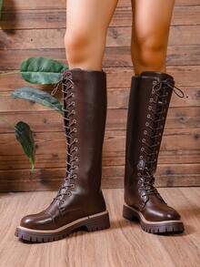 2025年圣诞节女士最新款侧拉链紧身靴，棕色系带过膝高筒靴，侧拉链靴，摩托车靴，复古厚底防寒内衬中筒靴，英伦风时尚靴子，马靴，加大码 - 棕色 - 查看 4