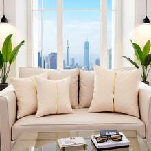 Navy Blue Velvet Throw Pillow Covers 18 X 18 Inch Pack Of 2 With Gold Leather Decor For Couch, Luxury Modern Pillowcases For Living Room, Bedroom Sofa Cushion Bed - Cream White - 查看 11