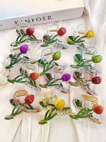 1pc/6pcs/12pcs Floral Print Casual ABS Plastic Tulip Flower Cross Hair Clip, Sweet Hair Claw Hair Accessories For Women Summer Claw Clip Flower Hair Clutch - Multicolor - View 13